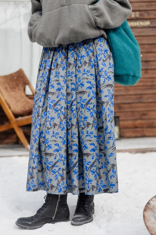 绽放旅行女装861朵/秋冬加厚亚麻棉文艺印花内加棉里双层半身裙 商品图5