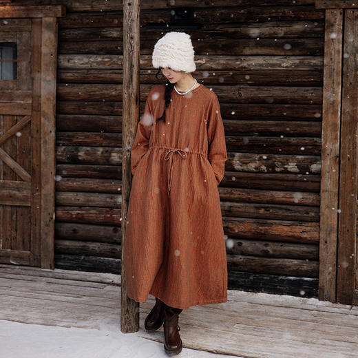 绽放822朵/午后暖阳连衣裙加厚双层色织亚麻棉圆领插肩长袖裙子 商品图2