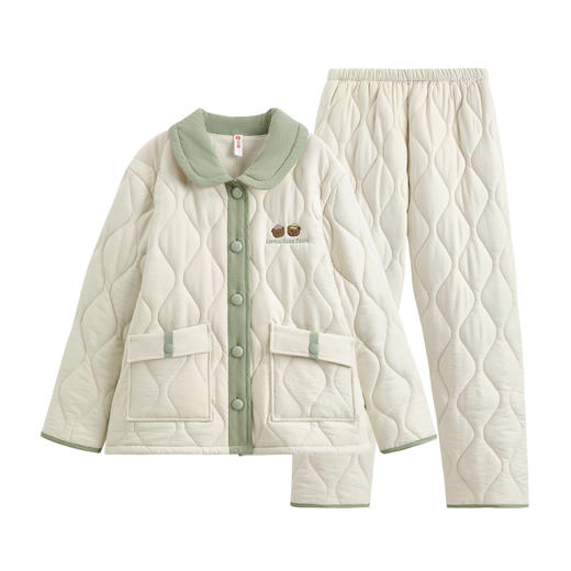 芬腾冬季女士三层夹棉翻领开衫睡衣大码套装珊瑚绒加绒加厚家居服 商品图4