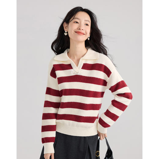 【专属特价】熙世界新中式粗条纹POLO领针织衫女秋冬款休闲毛衣上衣 商品图3