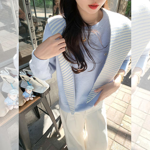 <曾小咸推荐>蓝色软糯宽松圆领毛衣条纹披肩 商品图0