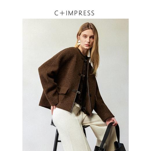 CIMPRESS/西嘉羊驼羊毛圆领拼皮时髦简约羊羔毛短外套女冬季新款(货号:WT2404066) 商品图3