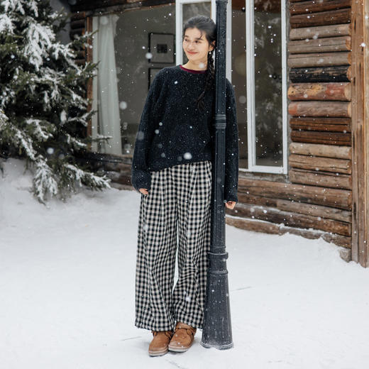 绽放823朵/秋冬女加厚休闲裤脚口抽绳色织亚麻棉格子绗棉宽松棉裤 商品图3