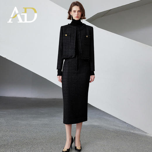 AD黑色经典小香风粗花呢西装套装女2024秋冬新款外套半身裙两件套 商品图0