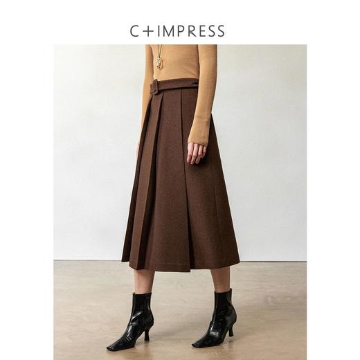 CIMPRESS/西嘉羊毛呢棕色半身裙女秋冬设计感斜褶高腰A字百褶裙(货号:BQ2404055) 商品图1