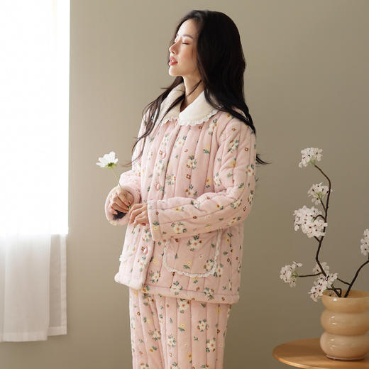 芬腾珊瑚绒夹棉睡衣翻领开衫女冬季三层加厚冬天妈妈款加绒家居服 商品图4