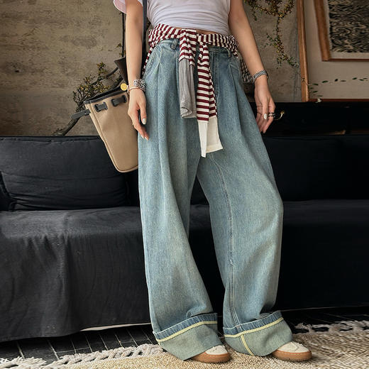 【顺丰包邮】01907 洛诗琳秋季翻边设计感高腰阔腿显瘦牛仔裤103 商品图2