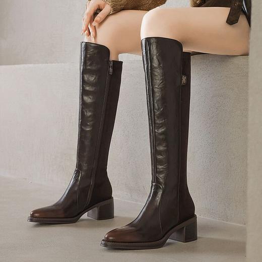 【预售5天】高级感长靴不过膝显瘦粗跟骑士靴秋冬新款英伦风复古高筒靴女DTN&378-55 商品图3