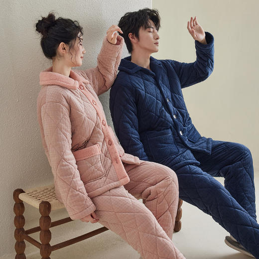 芬腾加厚睡衣三层夹棉女款珊瑚绒男士冬季冬款情侣保暖家居服套装 商品图1