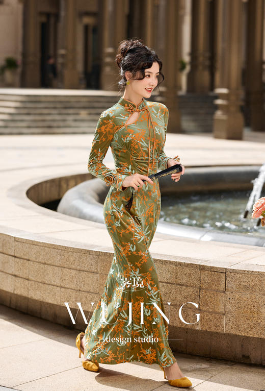 【雾境定制新款】翠庭竹影系列 进口丝绒连衣裙 4202114 商品图2