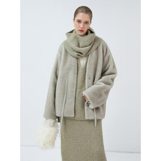 COCOBELLA高奢原色仿貂绒环保皮草外套PU腰带短款大衣FU3003-3 商品图2