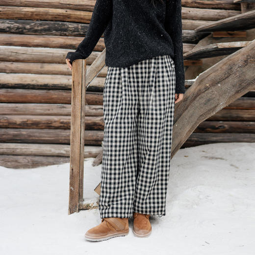 绽放823朵/秋冬女加厚休闲裤脚口抽绳色织亚麻棉格子绗棉宽松棉裤 商品图0