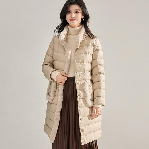 【高货sh】全新升级【铂金会员735/天猫999/差价264】(11856) 洛诗琳24秋冬新款白鸭绒拼接獭兔毛柔软长款立领羽绒服 商品图1
