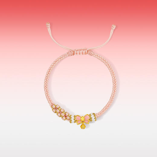 周六福黄金手绳女款3d硬金定价蝴蝶小铃铛粉色珐琅粉手绳送女友礼物 商品图3