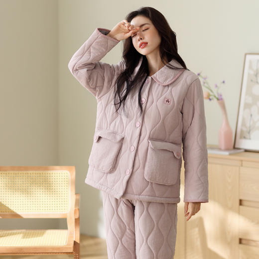 芬腾冬季睡衣女三层夹棉加绒加厚翻领开衫套装家居服珊瑚绒可外穿 商品图3
