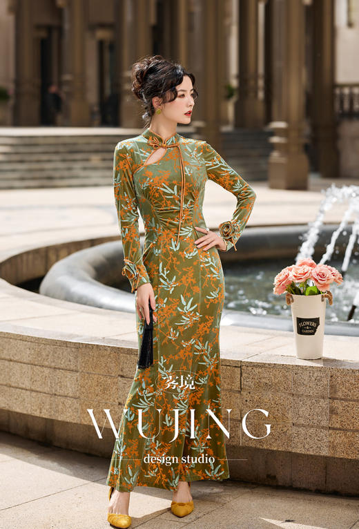【雾境定制新款】翠庭竹影系列 进口丝绒连衣裙 4202114 商品图1