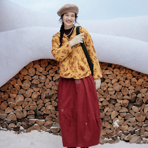 绽放旅行女装860朵/秋冬加厚棉麻原创印花开襟长袖短款保暖棉服 商品图1