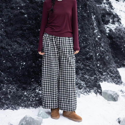 绽放823朵/秋冬女加厚休闲裤脚口抽绳色织亚麻棉格子绗棉宽松棉裤 商品图2