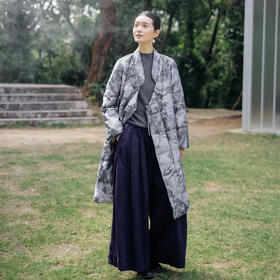 绽放旅行女装869朵/95白鹅绒冬季新中式水墨提花中长款国风羽绒服