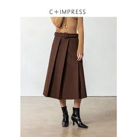 CIMPRESS/西嘉羊毛呢棕色半身裙女秋冬设计感斜褶高腰A字百褶裙(货号:BQ2404055)
