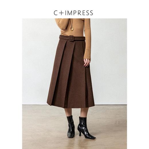 CIMPRESS/西嘉羊毛呢棕色半身裙女秋冬设计感斜褶高腰A字百褶裙(货号:BQ2404055) 商品图0
