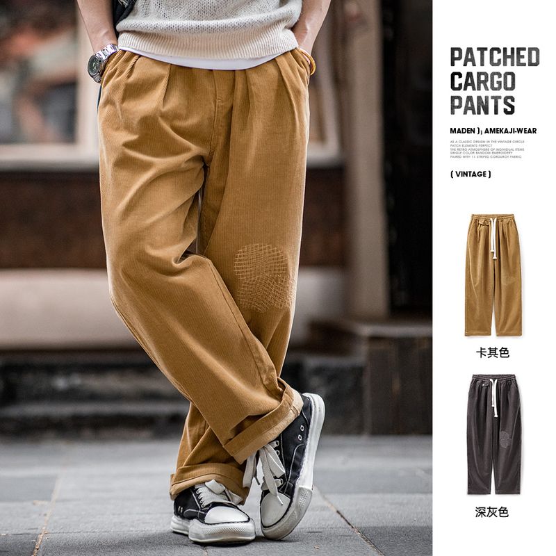 工装优选 美式复古灯芯绒补丁休闲裤vintage宽松阔腿直筒裤男秋季
