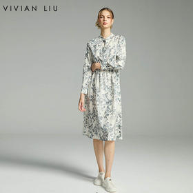VIVIAN LIU TD2444106初秋女装新款圆领水墨叶影系带长袖连衣裙