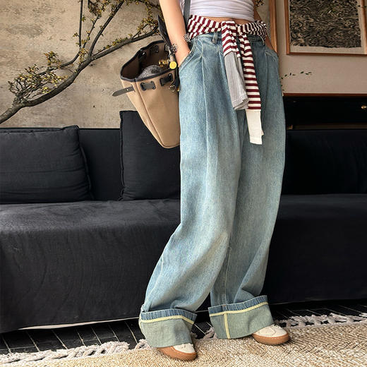 【顺丰包邮】01907 洛诗琳秋季翻边设计感高腰阔腿显瘦牛仔裤103 商品图1