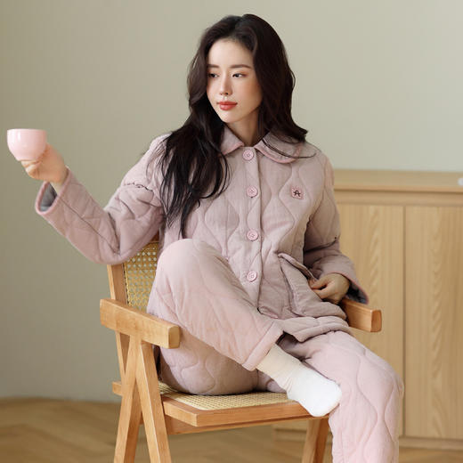 芬腾冬季睡衣女三层夹棉加绒加厚翻领开衫套装家居服珊瑚绒可外穿 商品图2