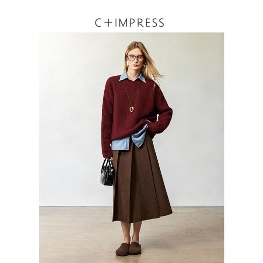 CIMPRESS/西嘉羊毛呢棕色半身裙女秋冬设计感斜褶高腰A字百褶裙(货号:BQ2404055) 商品图3