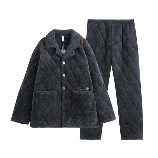 芬腾睡衣冬季加厚加绒三层夹棉珊瑚绒秋冬男款青年保暖家居服套装 商品图0