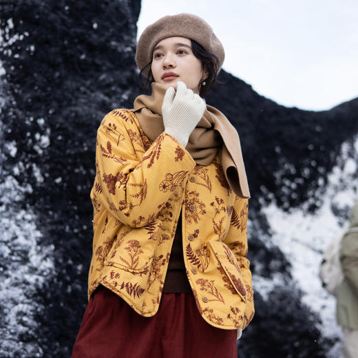 绽放旅行女装860朵/秋冬加厚棉麻原创印花开襟长袖短款保暖棉服 商品图0