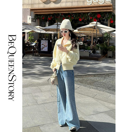 余潇潇【许愿流星】加厚绒设计感轻奢烫碎钻高腰显瘦阔腿牛仔裤秋冬 商品图0