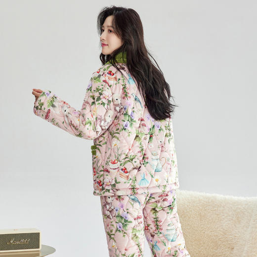 芬腾加绒加厚睡衣女冬季翻领开衫三层夹棉珊瑚绒可外穿家居服套装 商品图3