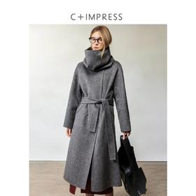 CIMPRESS/西嘉澳洲精梳细支羊毛双面呢大衣女秋冬可拆卸围脖外套(货号:DY2404062)