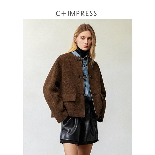 CIMPRESS/西嘉羊驼羊毛圆领拼皮时髦简约羊羔毛短外套女冬季新款(货号:WT2404066) 商品图0