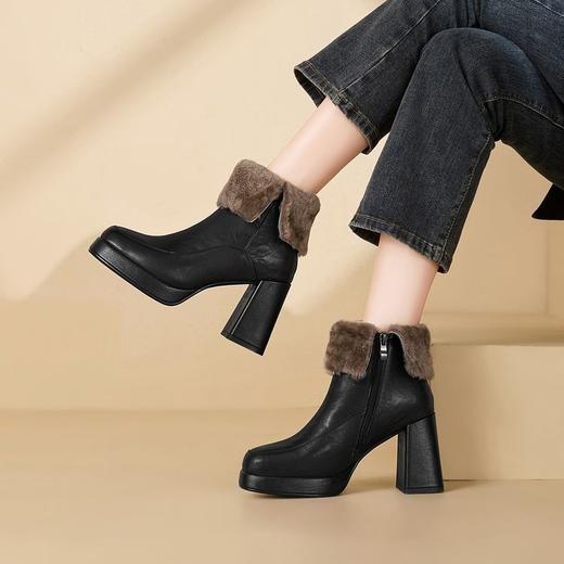 【预售5天】东北靴子雪地靴女冬季加厚绒羊毛保暖大棉鞋羊皮粗跟高跟方头短靴YJY&K15 商品图0