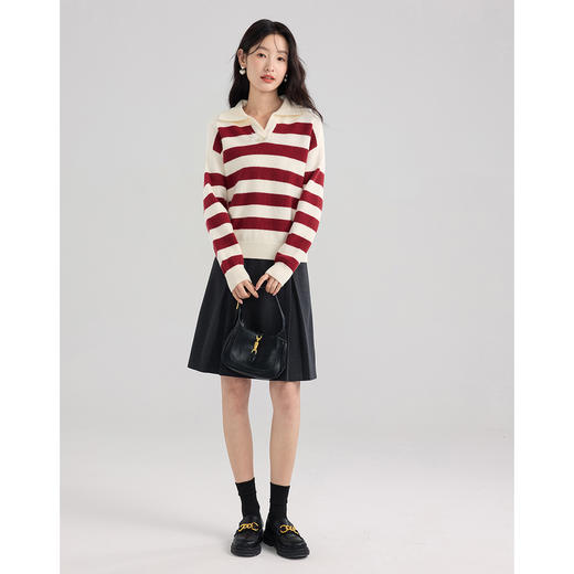 【专属特价】熙世界新中式粗条纹POLO领针织衫女秋冬款休闲毛衣上衣 商品图4
