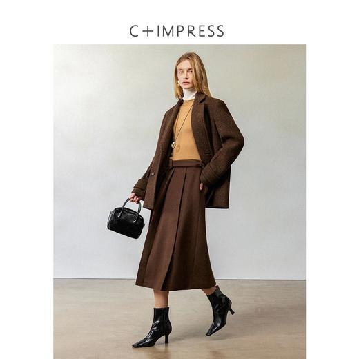 CIMPRESS/西嘉羊毛呢棕色半身裙女秋冬设计感斜褶高腰A字百褶裙(货号:BQ2404055) 商品图2