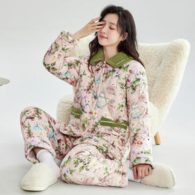 芬腾加绒加厚睡衣女冬季翻领开衫三层夹棉珊瑚绒可外穿家居服套装