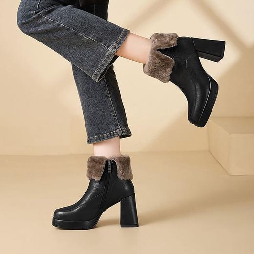 【预售5天】东北靴子雪地靴女冬季加厚绒羊毛保暖大棉鞋羊皮粗跟高跟方头短靴YJY&K15 商品图4