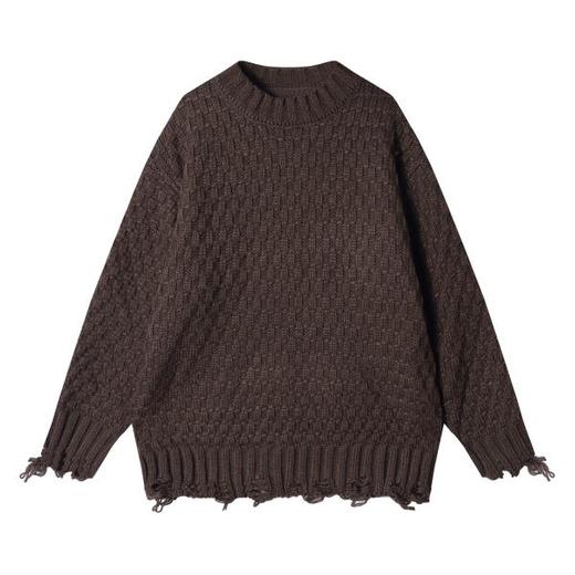 新款时尚个性小众设计感日系复古套头破坏毛衣宽松圆领痞帅针织衫 商品图1