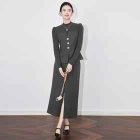 【高货wl】全新升级【铂金会员441/天猫599/差价158】(04703) 洛诗琳法式优雅三粒镶钻花朵装饰扣开衩半身裙秋冬两件套