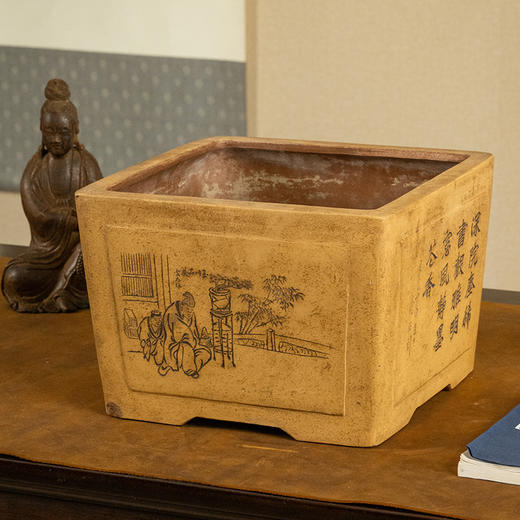 民国 瘦石款紫砂阴刻清供诗文方形花盆 商品图0