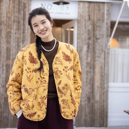 绽放旅行女装860朵/秋冬加厚棉麻原创印花开襟长袖短款保暖棉服 商品图3