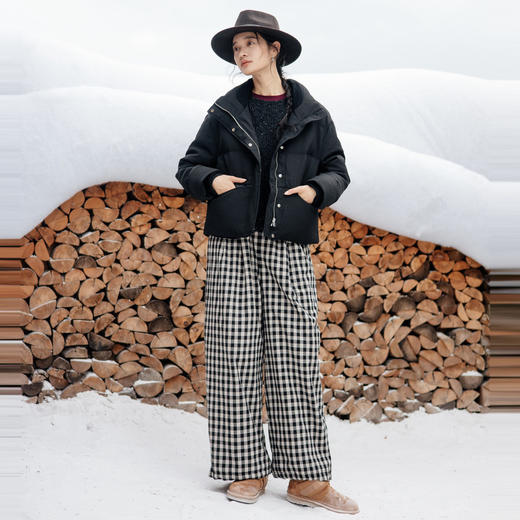 绽放823朵/秋冬女加厚休闲裤脚口抽绳色织亚麻棉格子绗棉宽松棉裤 商品图1