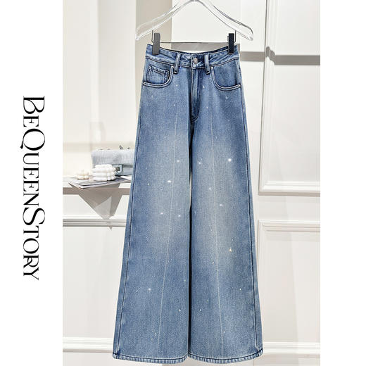 余潇潇【许愿流星】加厚绒设计感轻奢烫碎钻高腰显瘦阔腿牛仔裤秋冬 商品图4