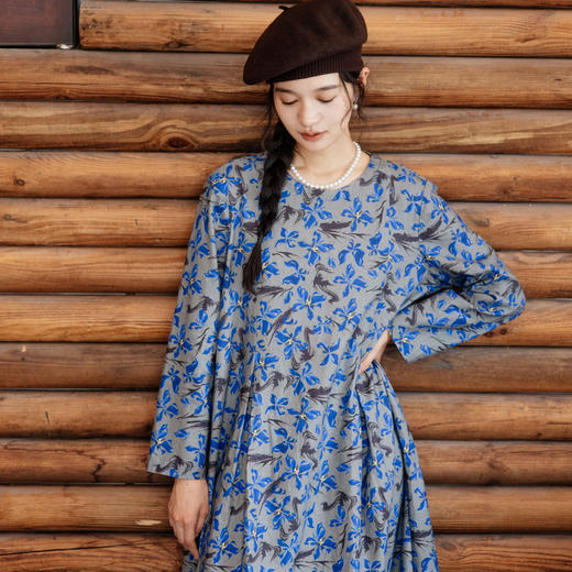 绽放旅行女装852朵/冬季加厚亚麻棉原创印花圆领A字大摆连衣裙 商品图3