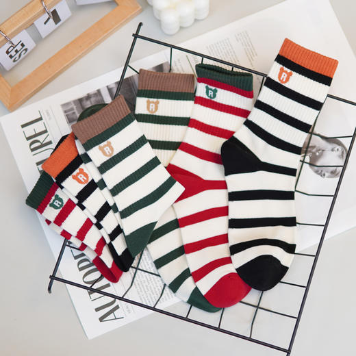 【2双装】【6双6折】女士条纹时尚袜中长筒袜透气保暖棉袜秋冬四季棉袜【2412522】 商品图1