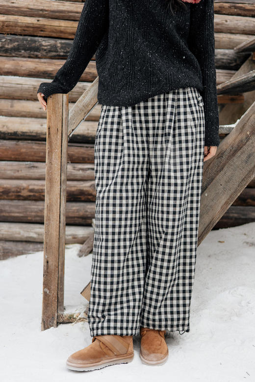 绽放823朵/秋冬女加厚休闲裤脚口抽绳色织亚麻棉格子绗棉宽松棉裤 商品图5